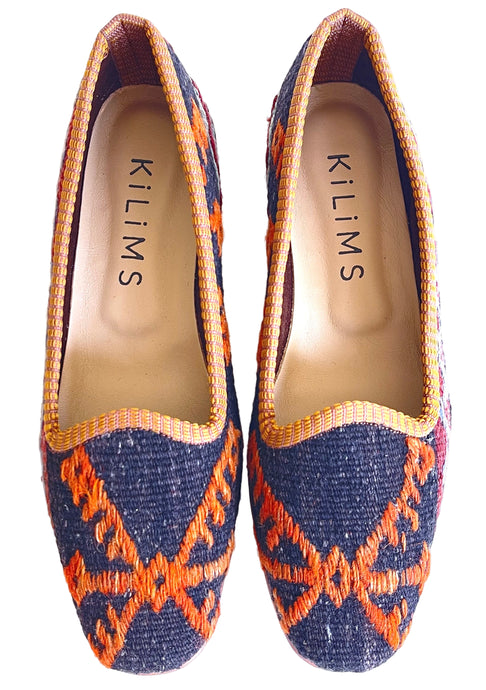 fantastic one of a kind black and orange fabric kilim slippers with slight heel
