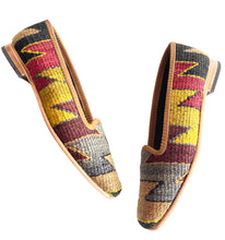 Load image into Gallery viewer, Pair of yellow loafers with colorful geometric pattern