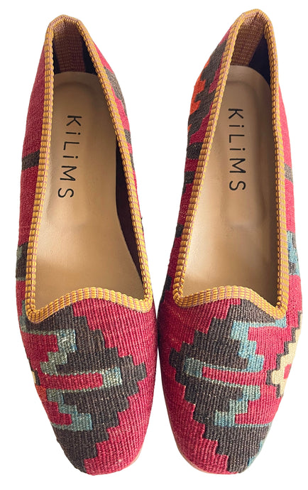 Pair of patterned burgundy shoes handmade with vintage kilim fabric