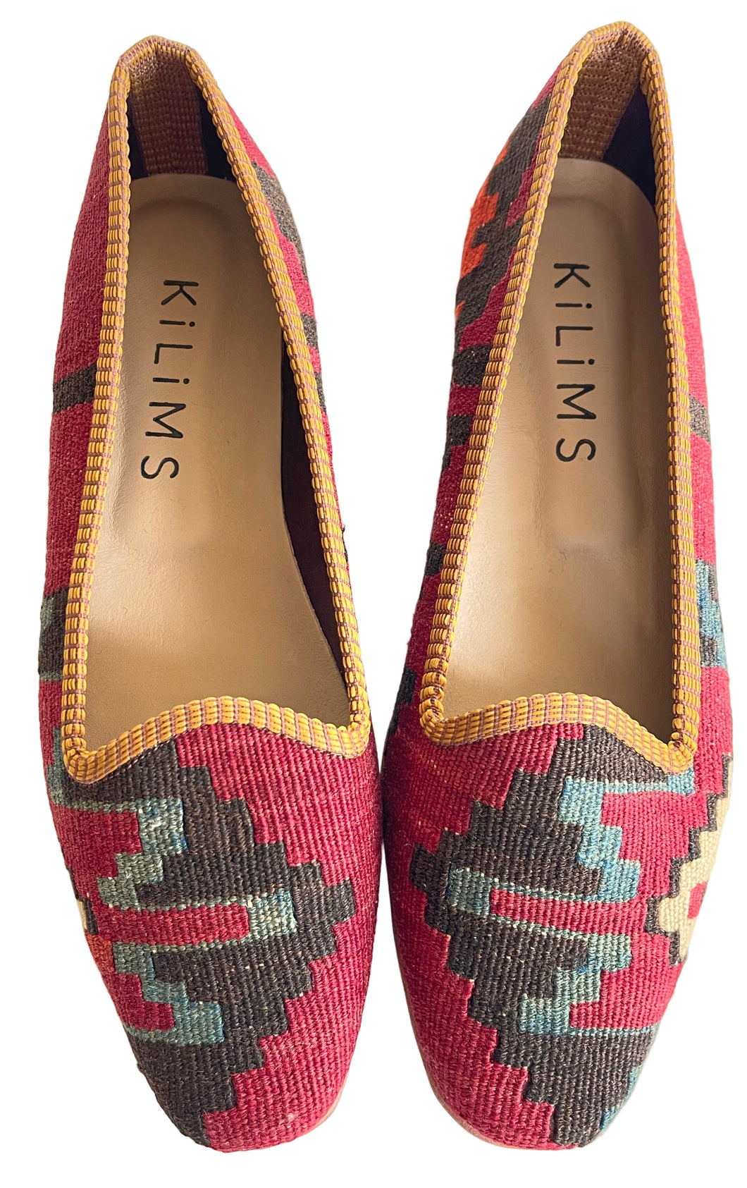 Pair of patterned burgundy shoes handmade with vintage kilim fabric