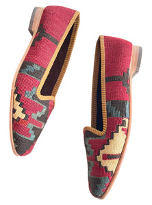 Pair of handmade dark red loafers with geometric patterns one-of-a-kind
