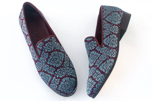women's blue brocade slippers