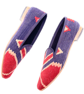 blue red and white kilim slippers with slight heel